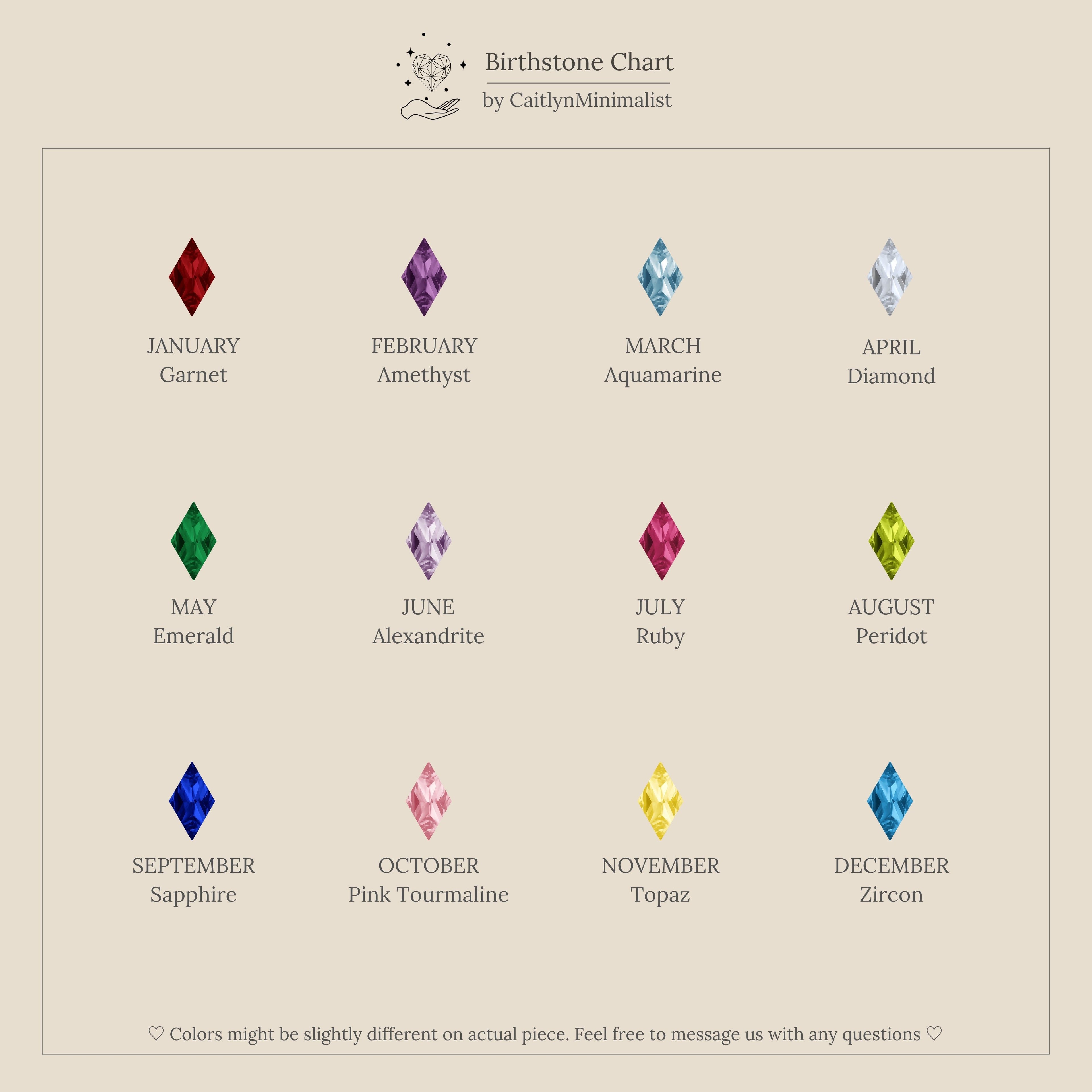 A minimalist birthstone chart displays monthly gems on a cream backdrop, exuding modern chic—perfect for pairing with Rhombus Blue Zircon Flatback Studs.
