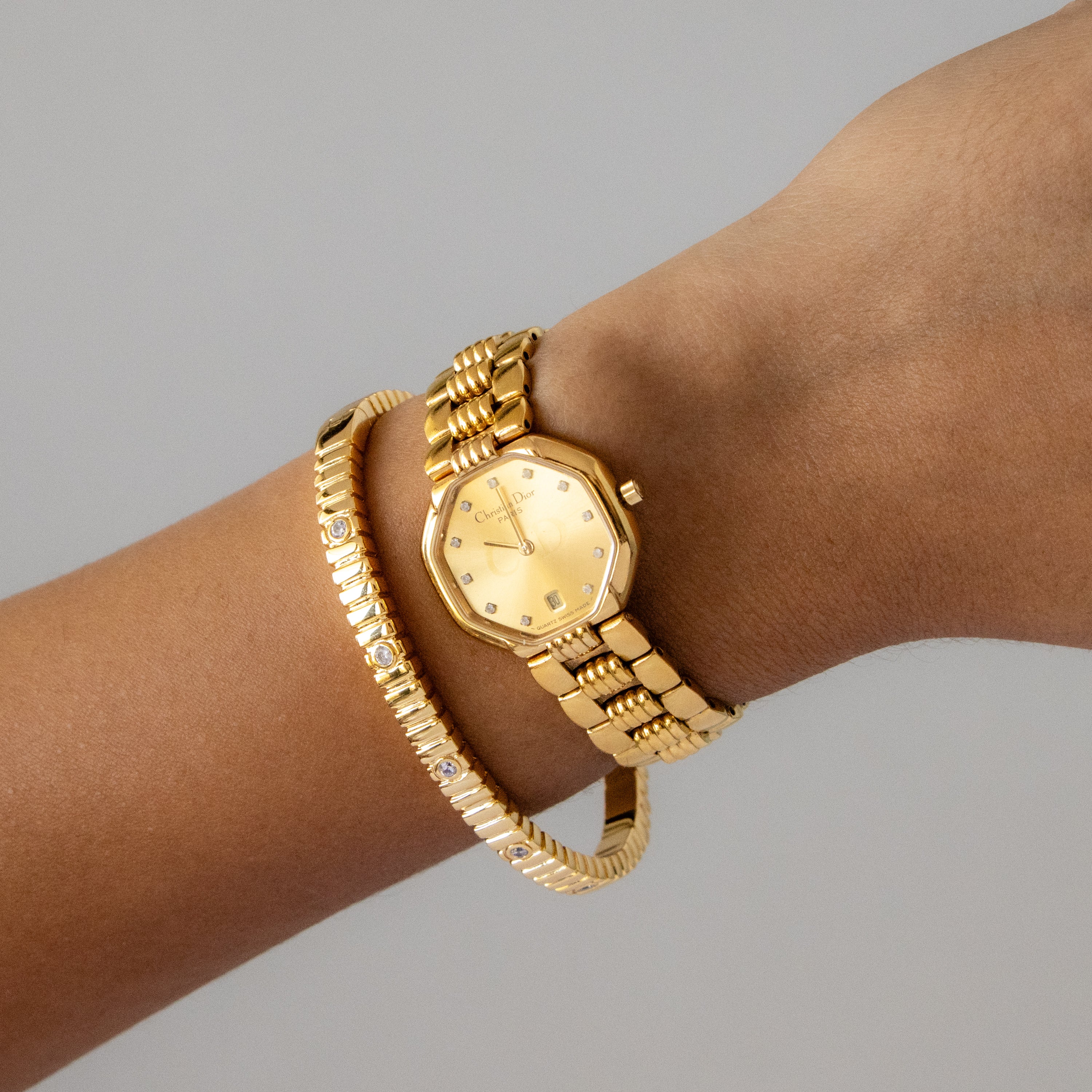 Vintage Christian Dior Swiss Octagonal Crystal Gold Watch