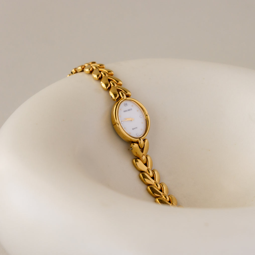 Vintage Nina Ricci Oval Pave Gold Watch