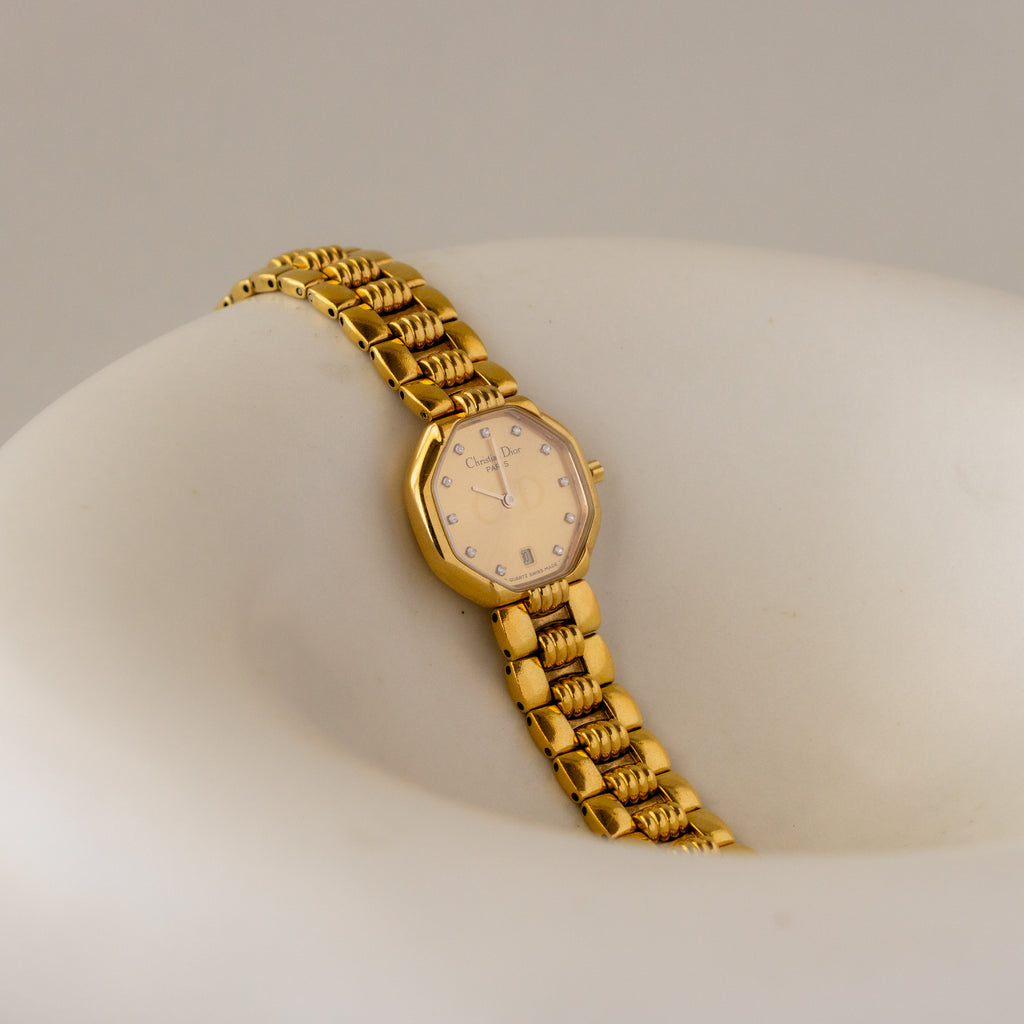 Vintage Christian Dior Swiss Octagonal Crystal Gold Watch