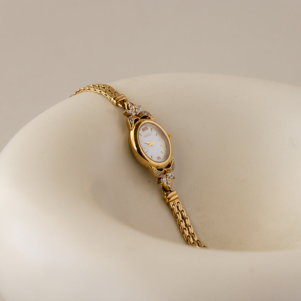 Vintage Aureole Regal Oval Pearl Gold Watch
