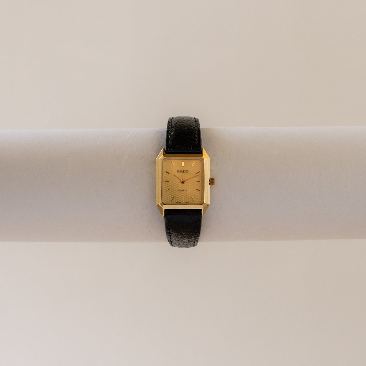 Vintage Rado Swiss Rectangular Black Leather Gold Watch