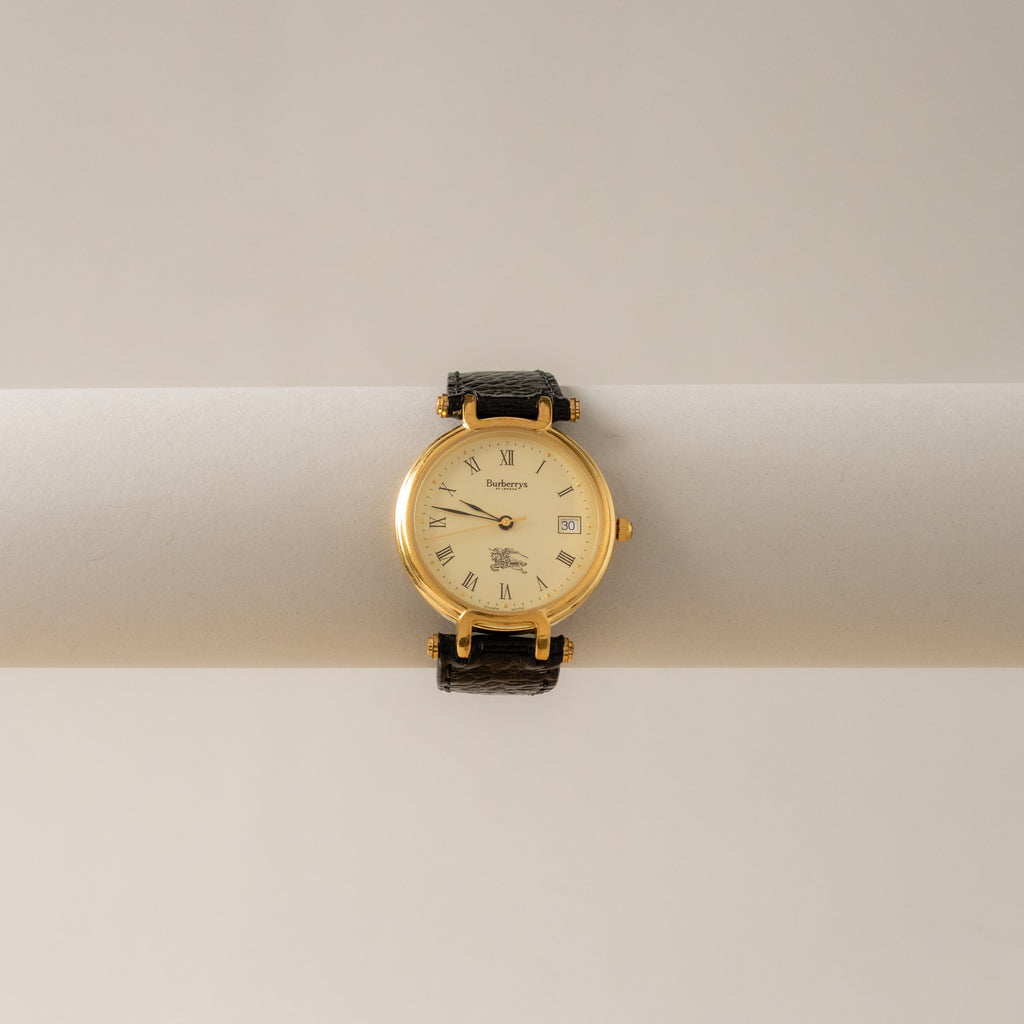 Vintage Burberrys Swiss Roman Black Leather Gold Watch