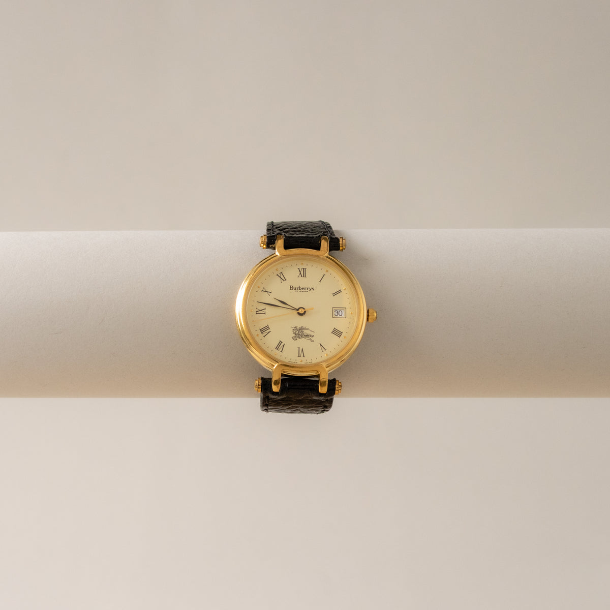 Vintage Burberrys Swiss Roman Black Leather Gold Watch