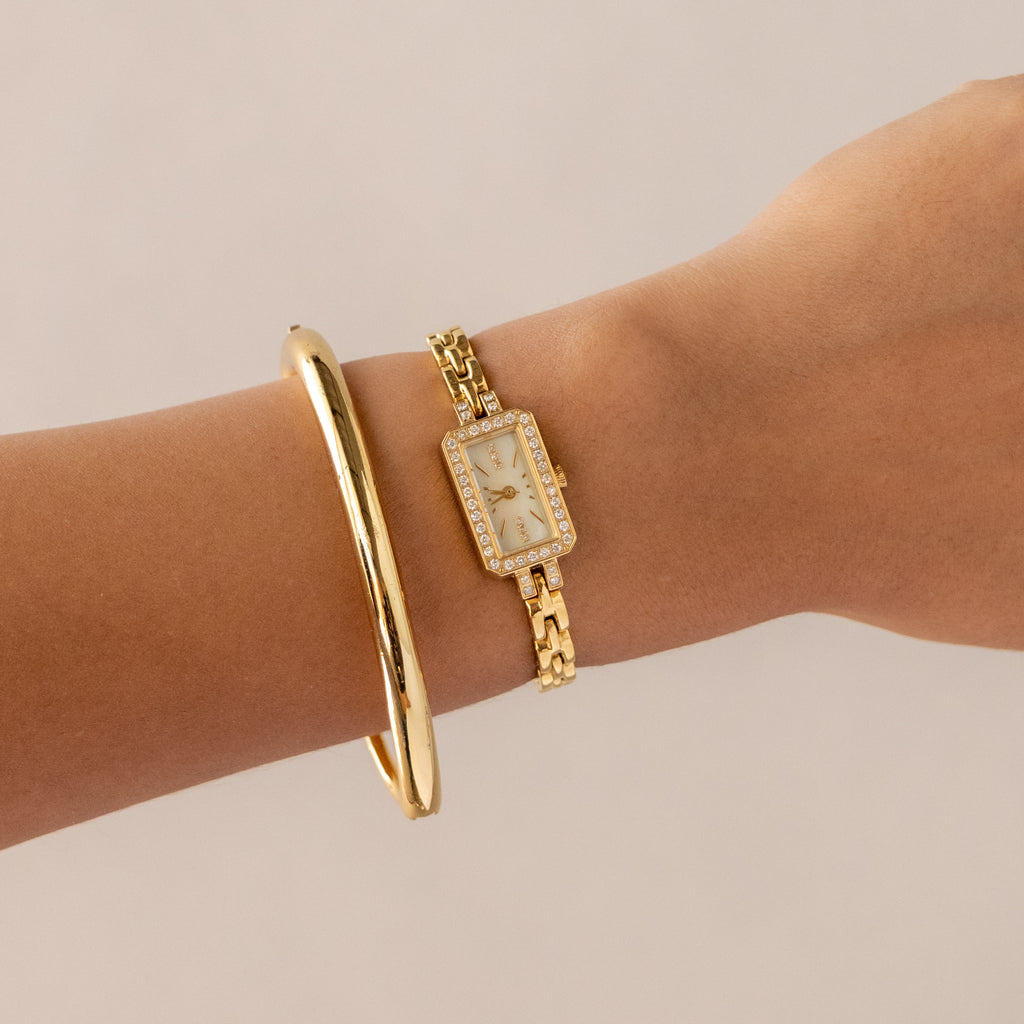 Vintage Lunage Pave Rectangular Gold Watch