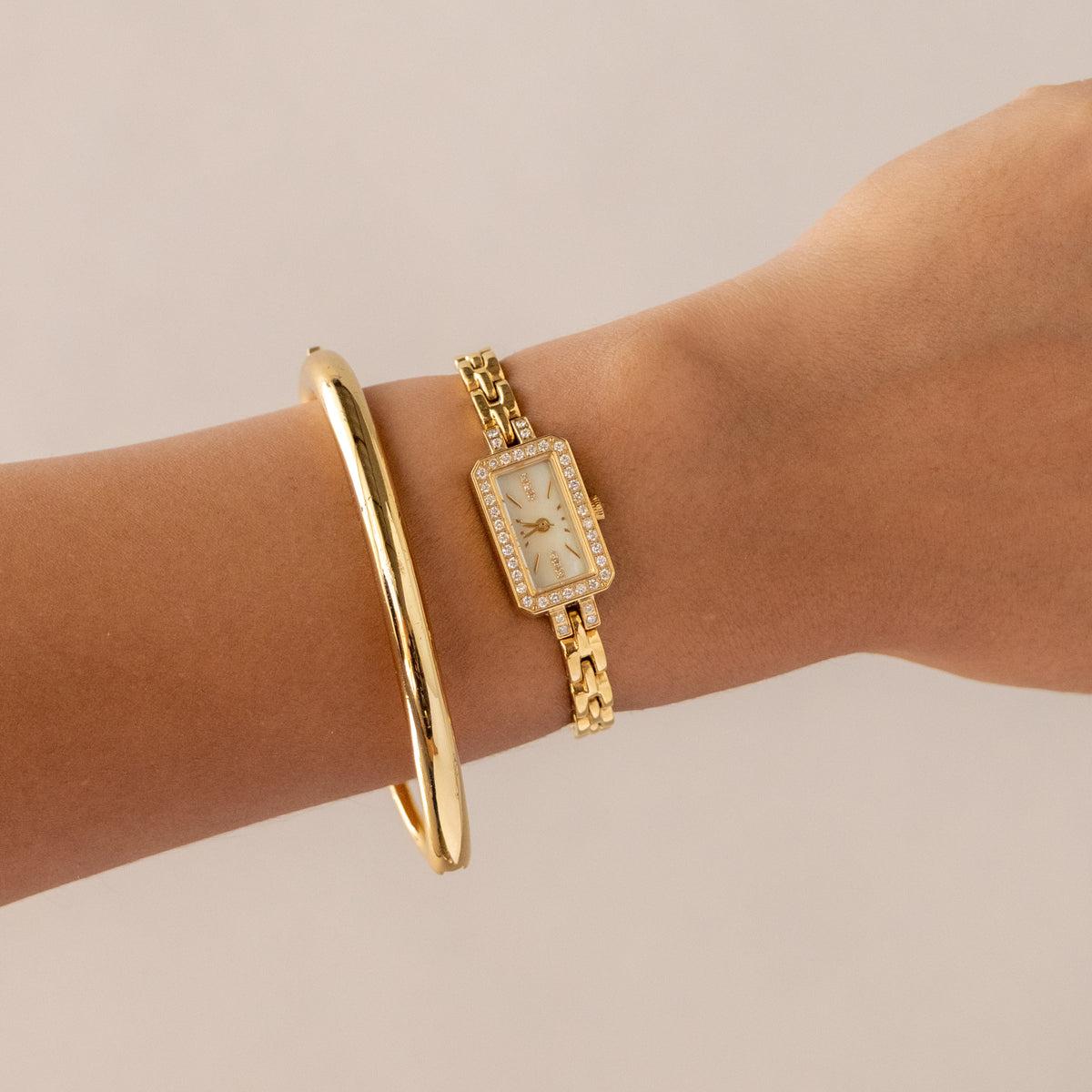 Vintage Lunage Pave Rectangular Gold Watch