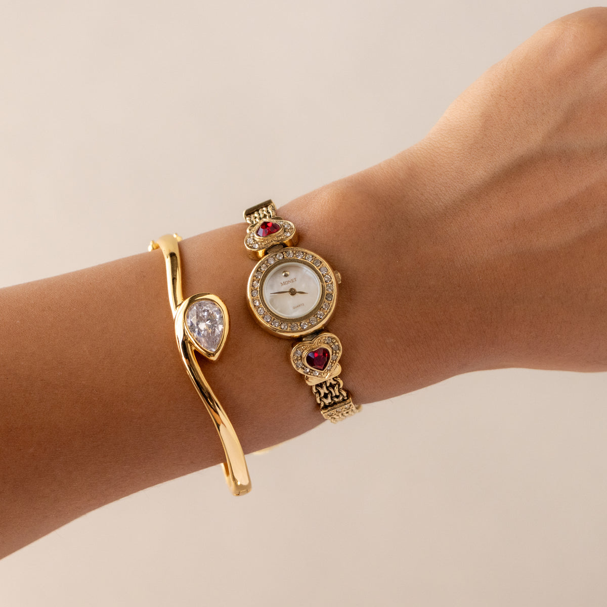 Vintage Monet Ruby Hearts Gold Watch