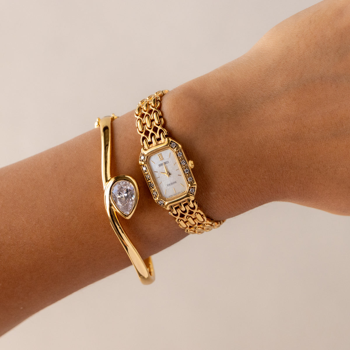 Vintage Seiko Rectangular Diamond Gold Watch