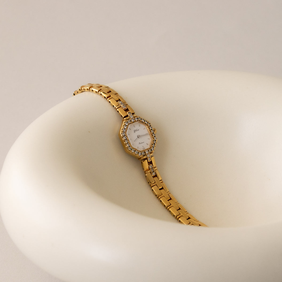Vintage Technos Swiss Pave Hexagon Gold Watch