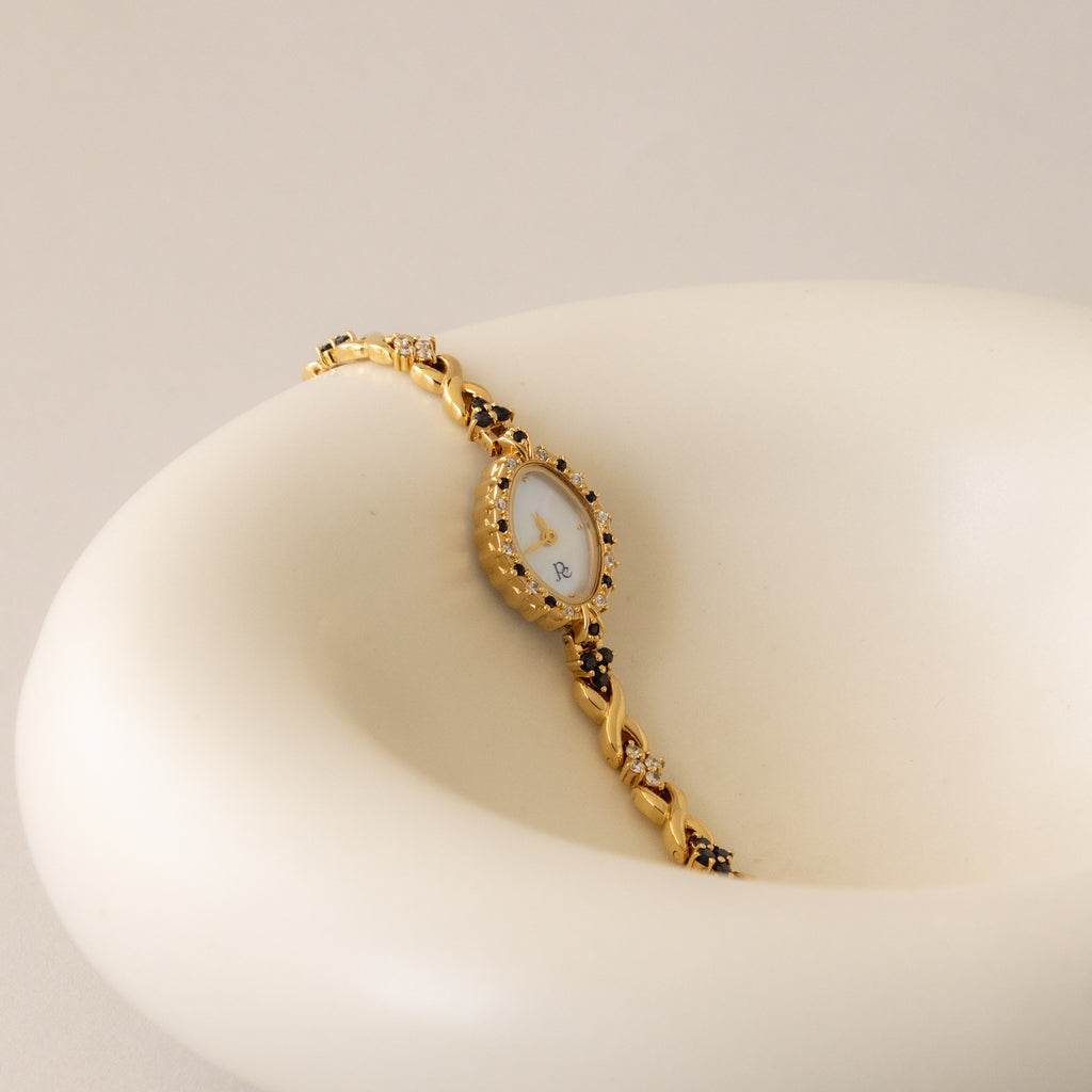 Vintage Peter Eileen Onyx Floral Gold Watch