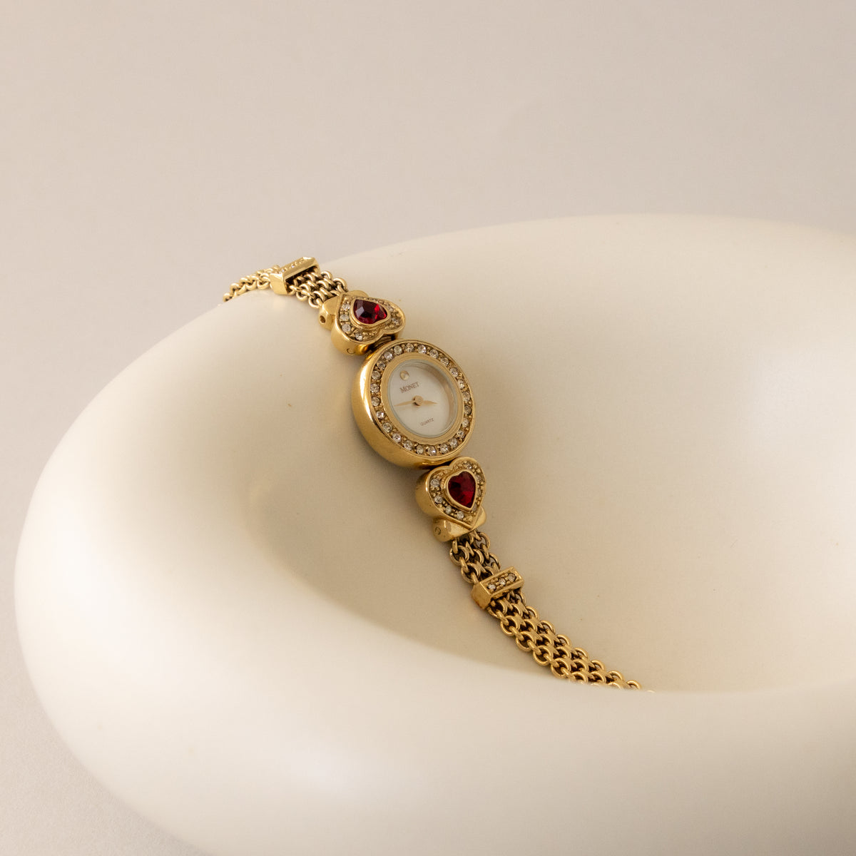 Vintage Monet Ruby Hearts Gold Watch