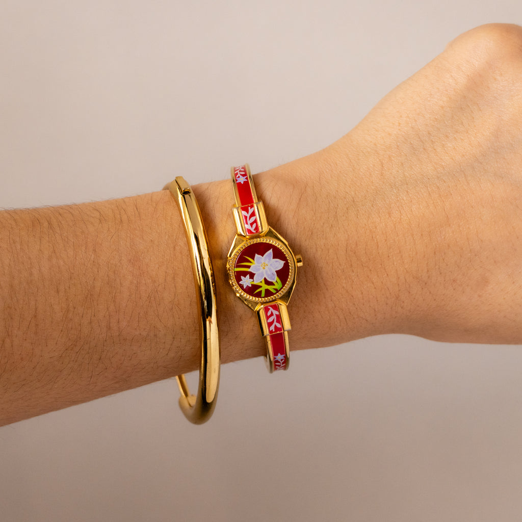 Vintage J-Axis Red Floral Locket Cuff Gold Watch
