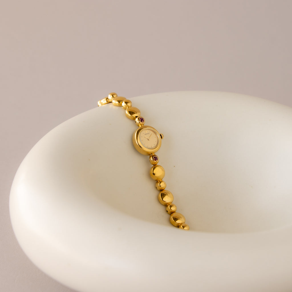Vintage Seiko Dainty Ruby Beaded Gold Watch