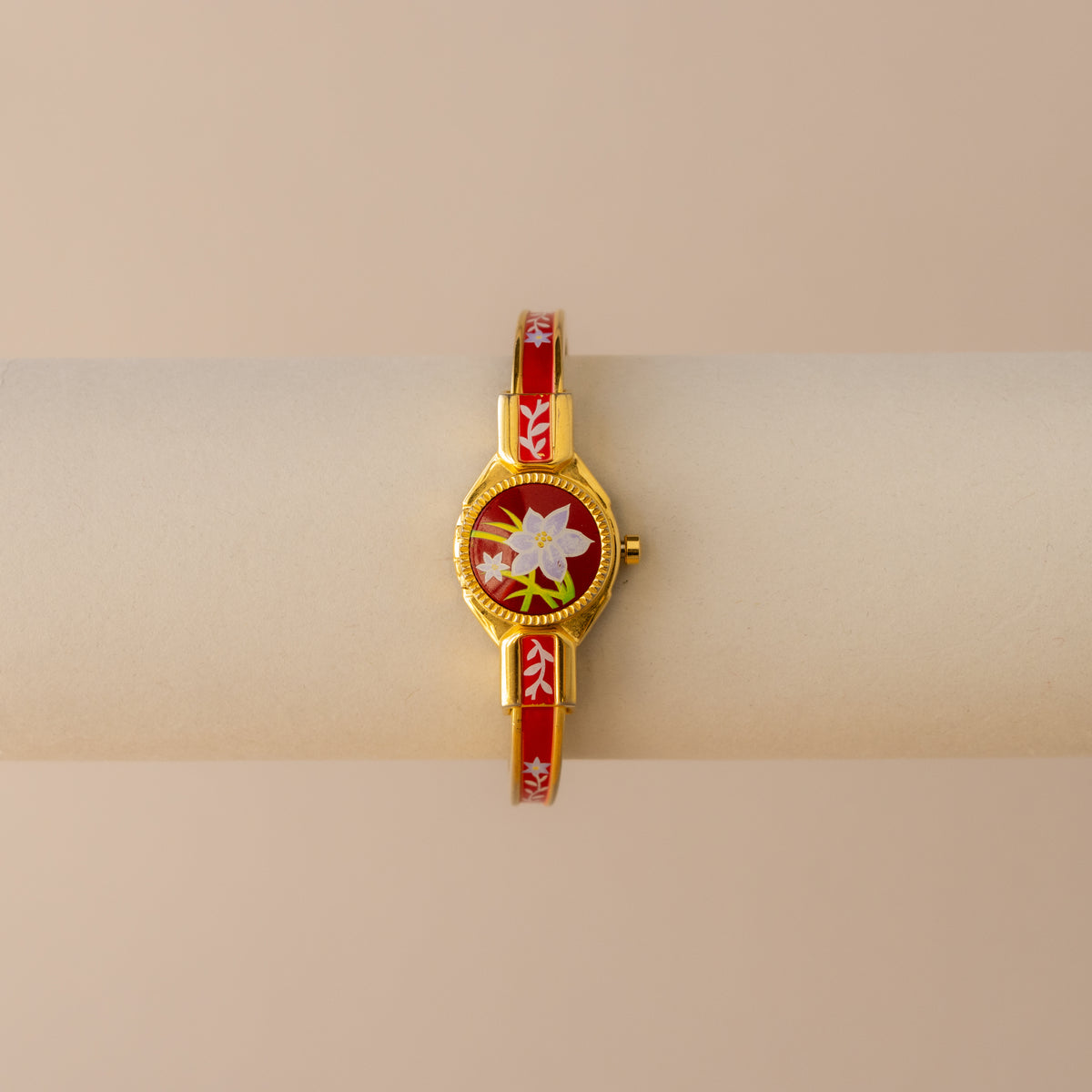 Vintage J-Axis Red Floral Locket Cuff Gold Watch
