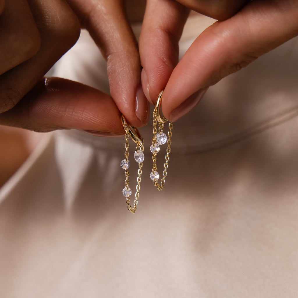 Crystal Chain Drop Huggies in 18K Gold