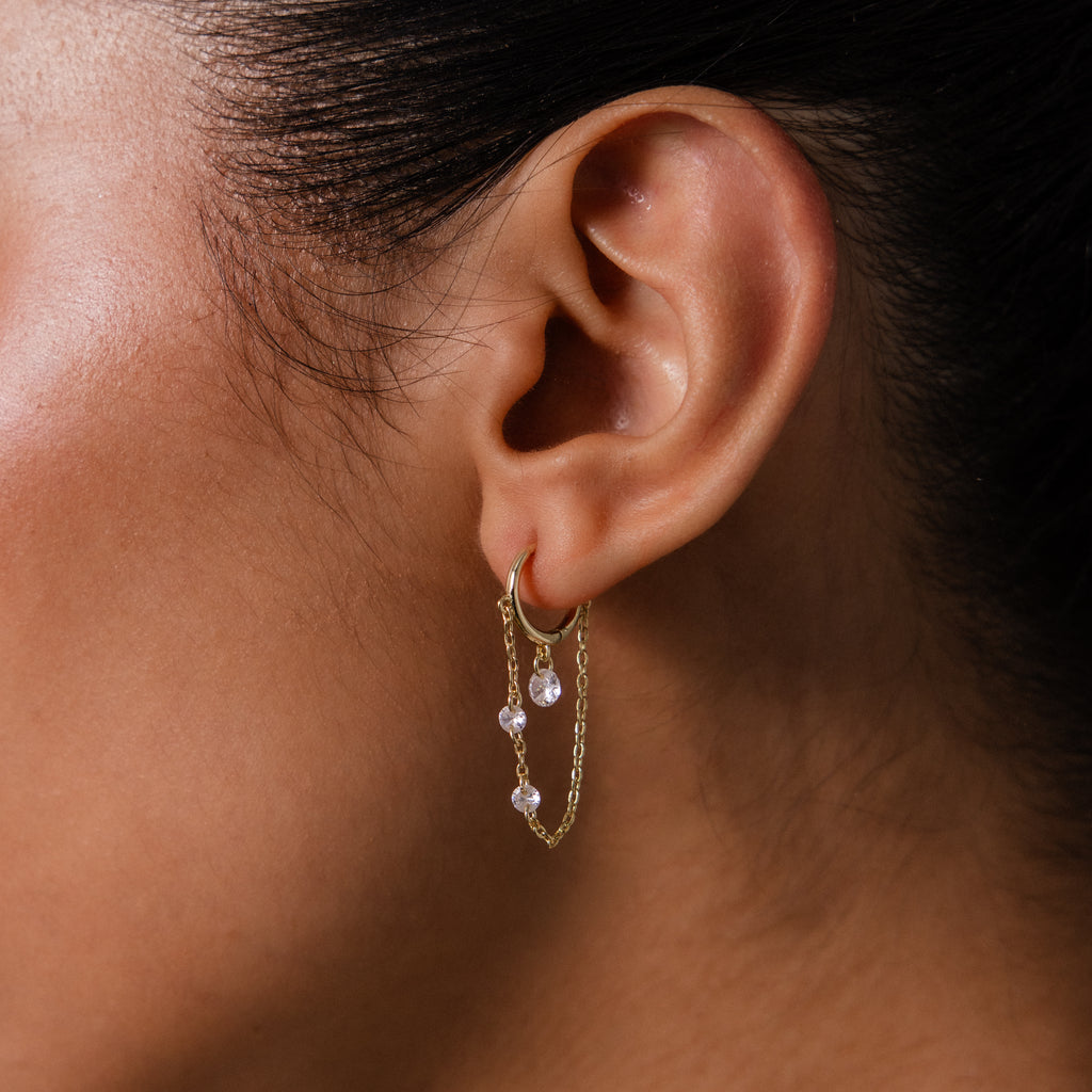 Crystal Chain Drop Huggies in 18K Gold
