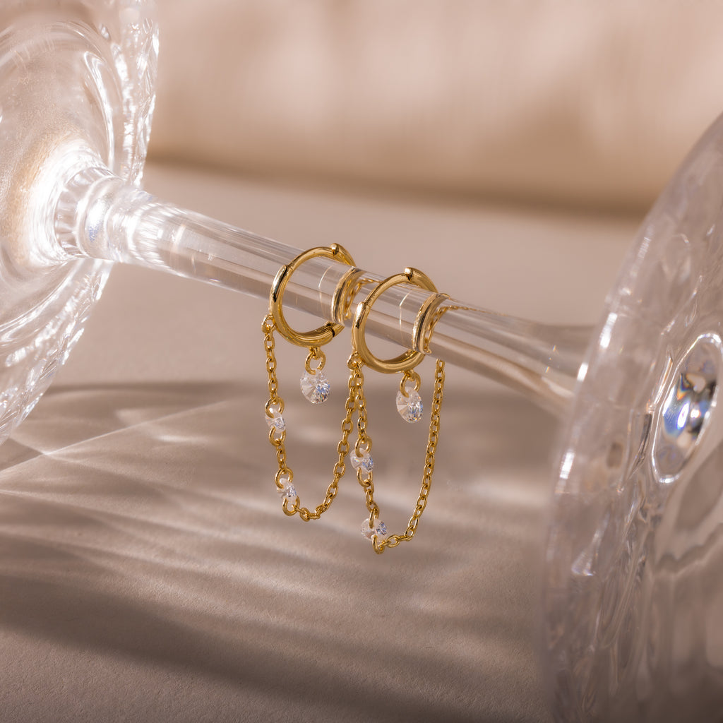 Crystal Chain Drop Huggies in 18K Gold