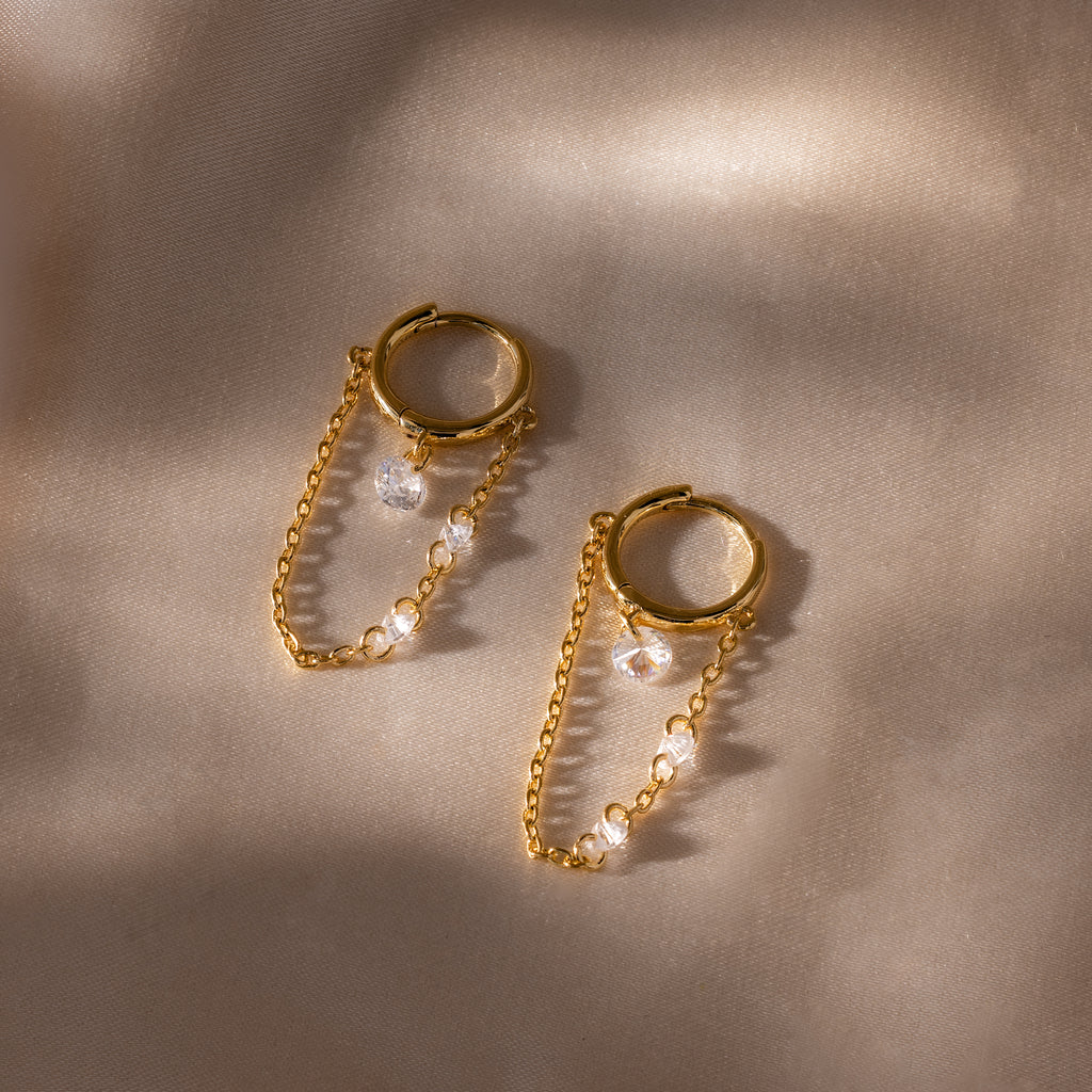 Crystal Chain Drop Huggies in 18K Gold