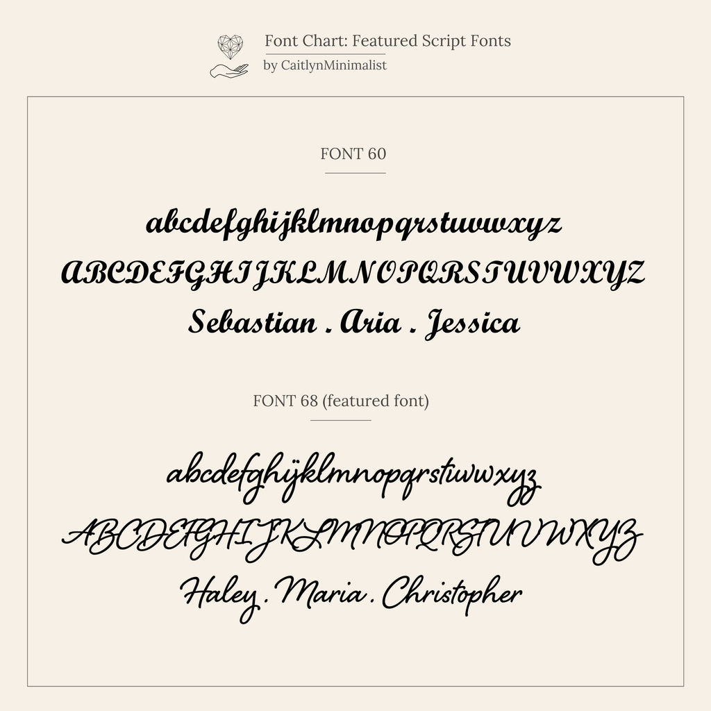 Font chart comparing two script fonts on a beige background