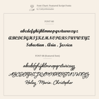 Font chart comparing two script fonts on a beige background