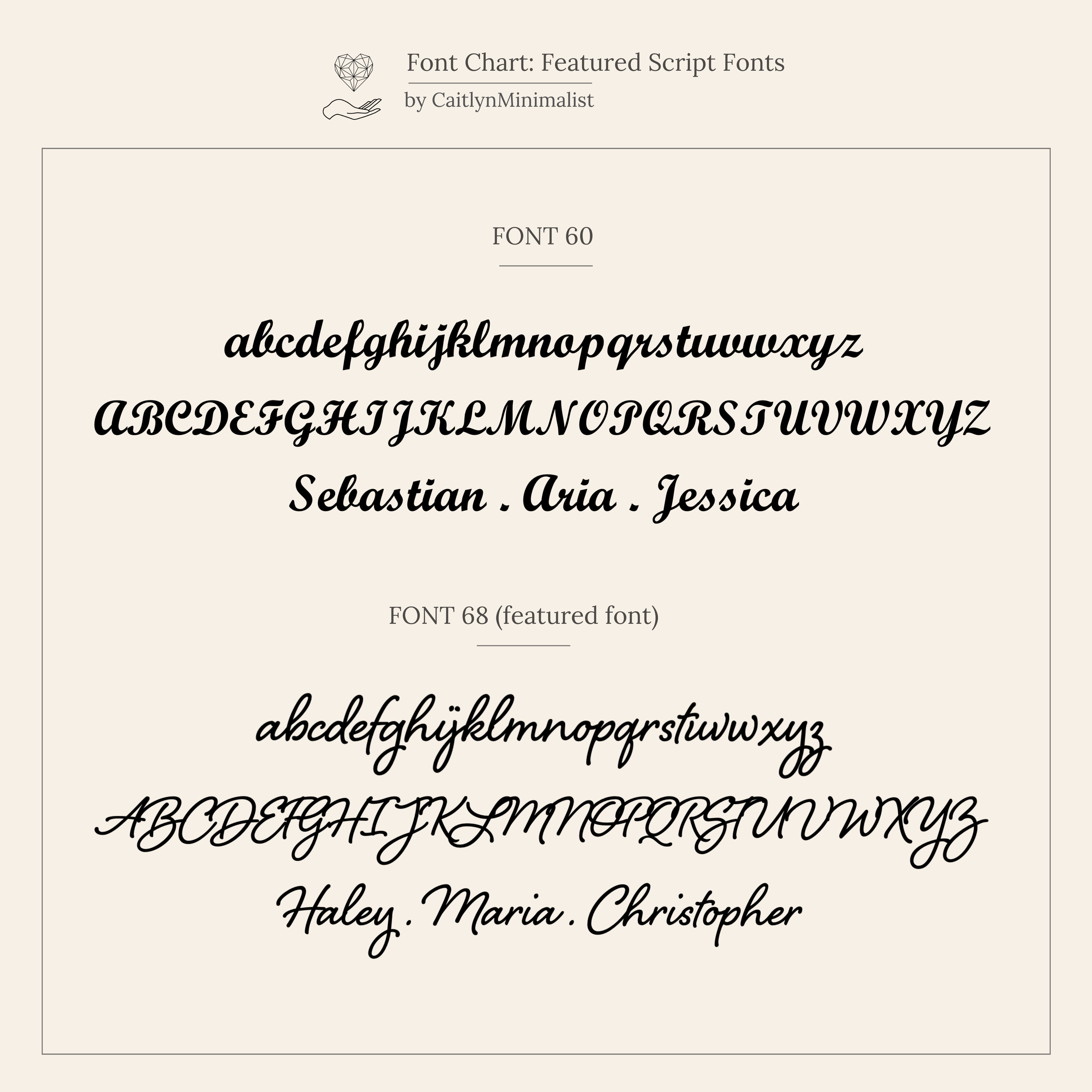 Font chart comparing two script fonts on a beige background