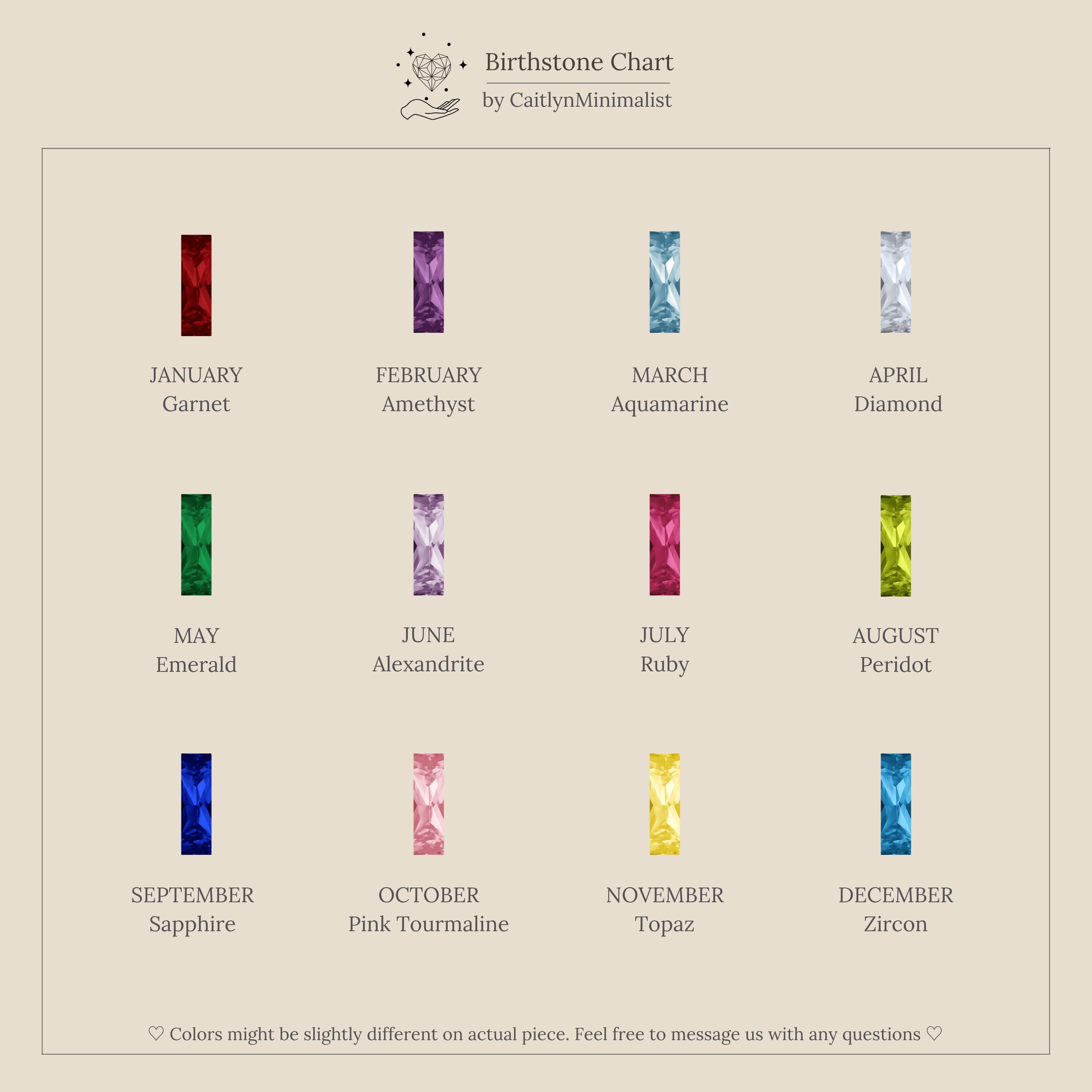 A chart featuring twelve Skinny Baguette Alexandrite Charms as vertical gemstone illustrations with baguette-cut stones and gold loops, labeled for each month from January to December.