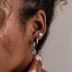 Close-up of an ear with multiple silver earrings, focusing on the jewelry.