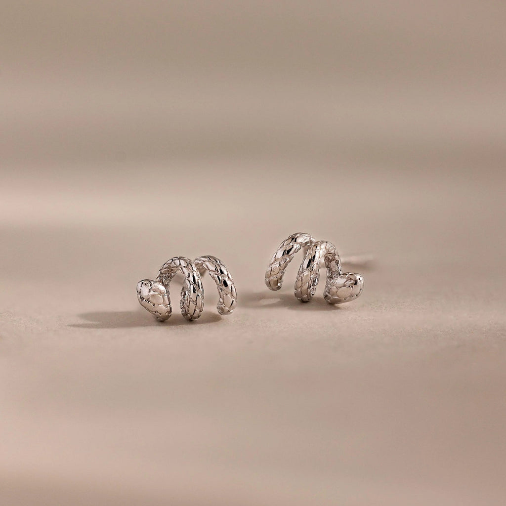 A pair of Twisted Snake Studs, silver and spiral-shaped, displayed on a soft beige surface with a blurred background—ideal for those who love elegant serpentine-inspired jewelry.