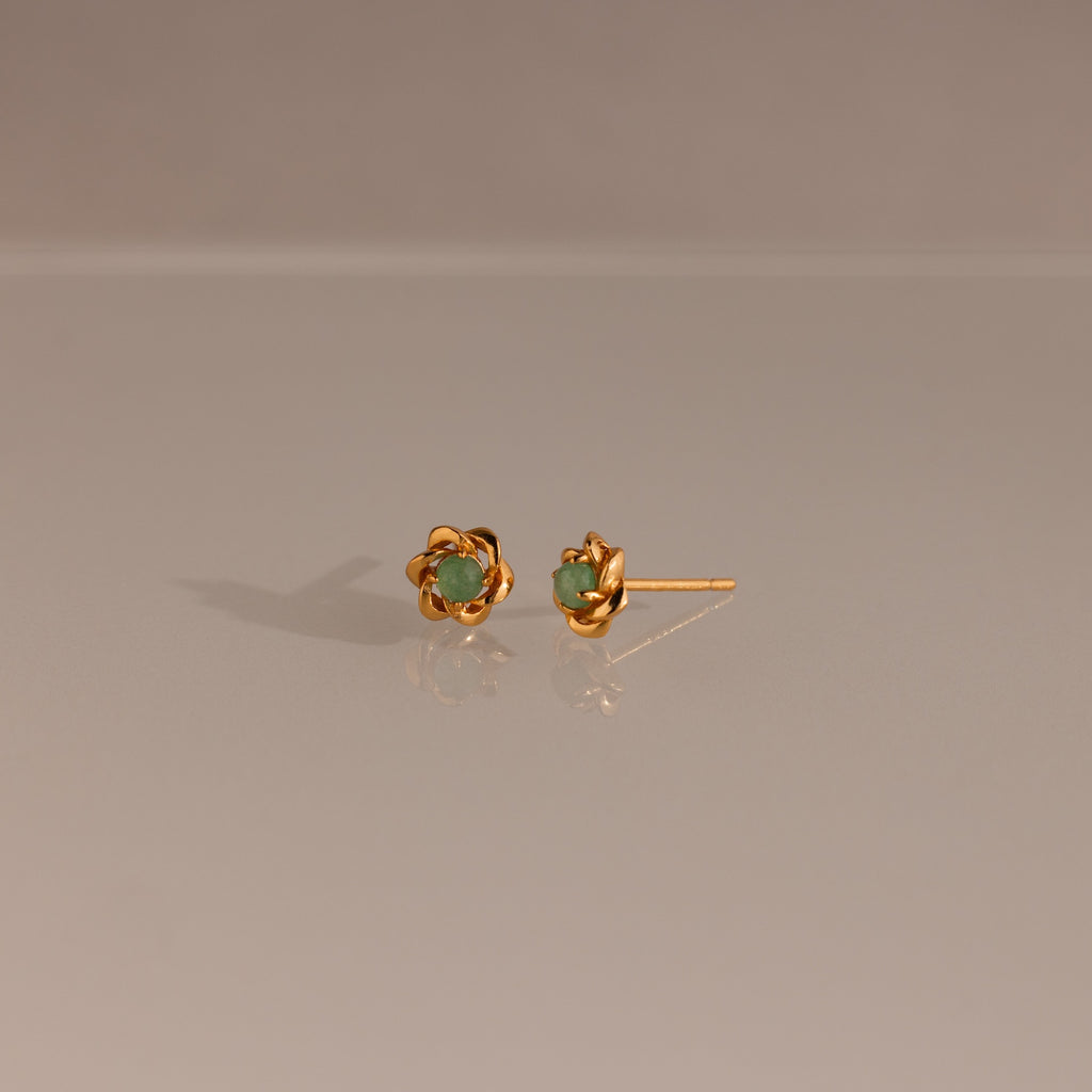 Mini Jade Flower Studs in 18K Gold