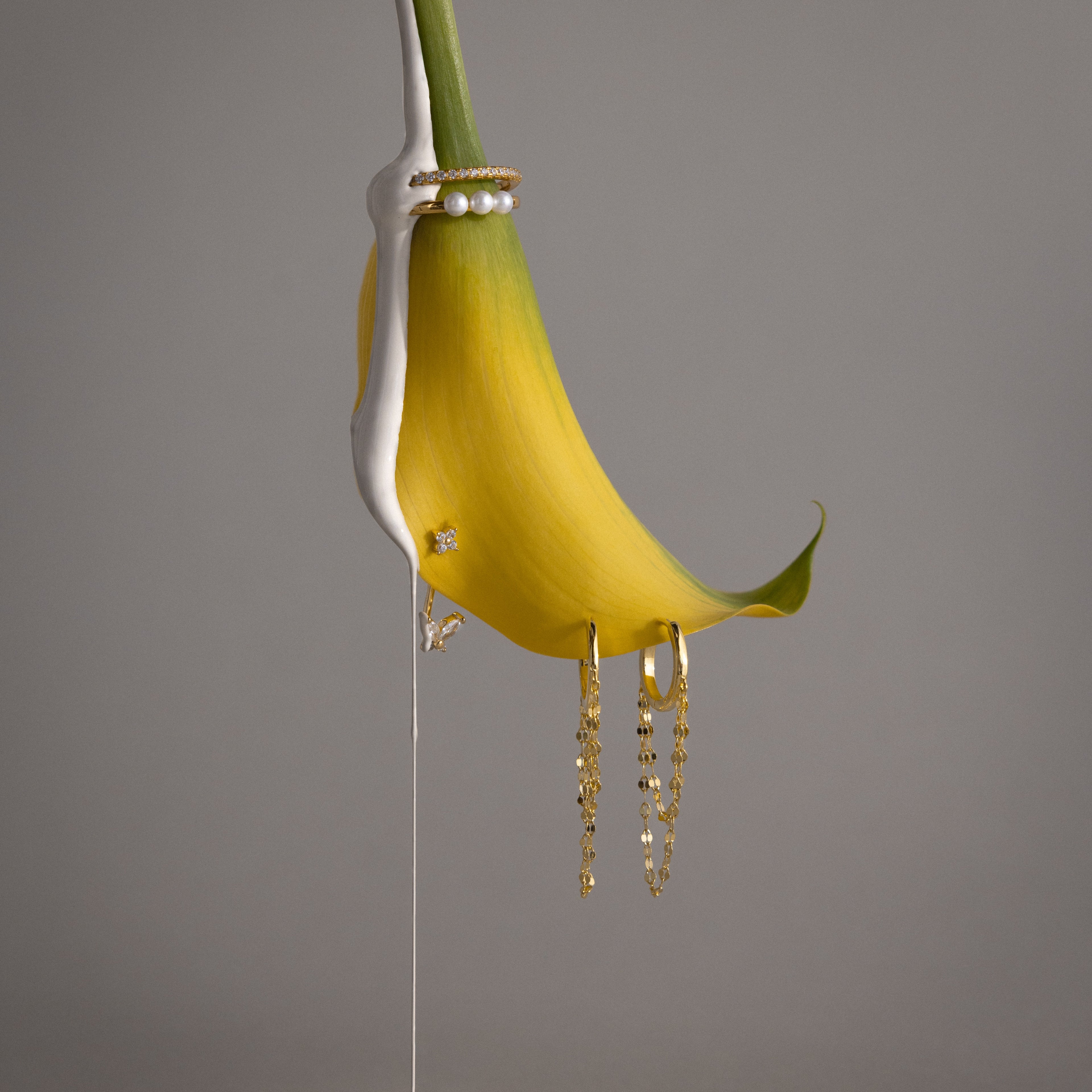 A yellow calla lily with gold jewelry, pearls, and Butterfly Ear Jackets, partially coated in white paint, set against a gray background.