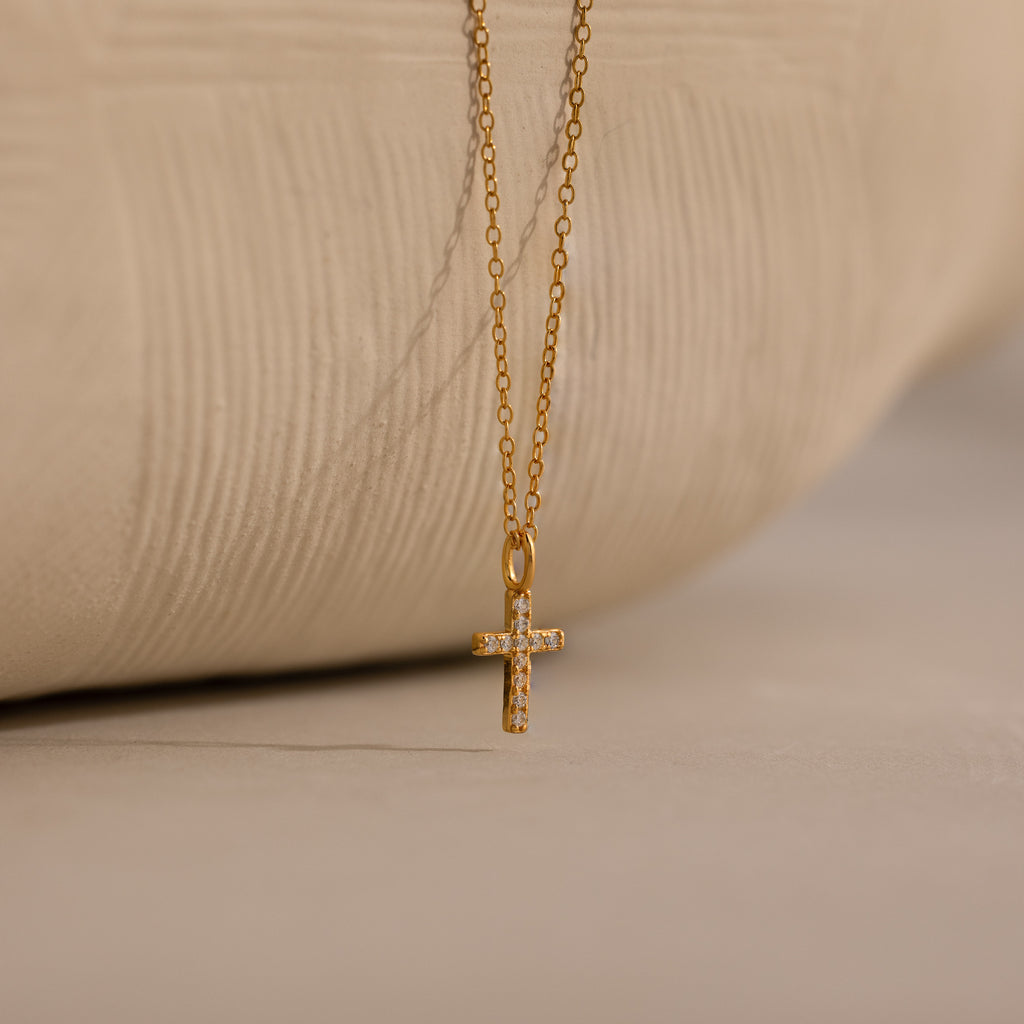 Dainty Diamond Cross Necklace in 18K Gold
