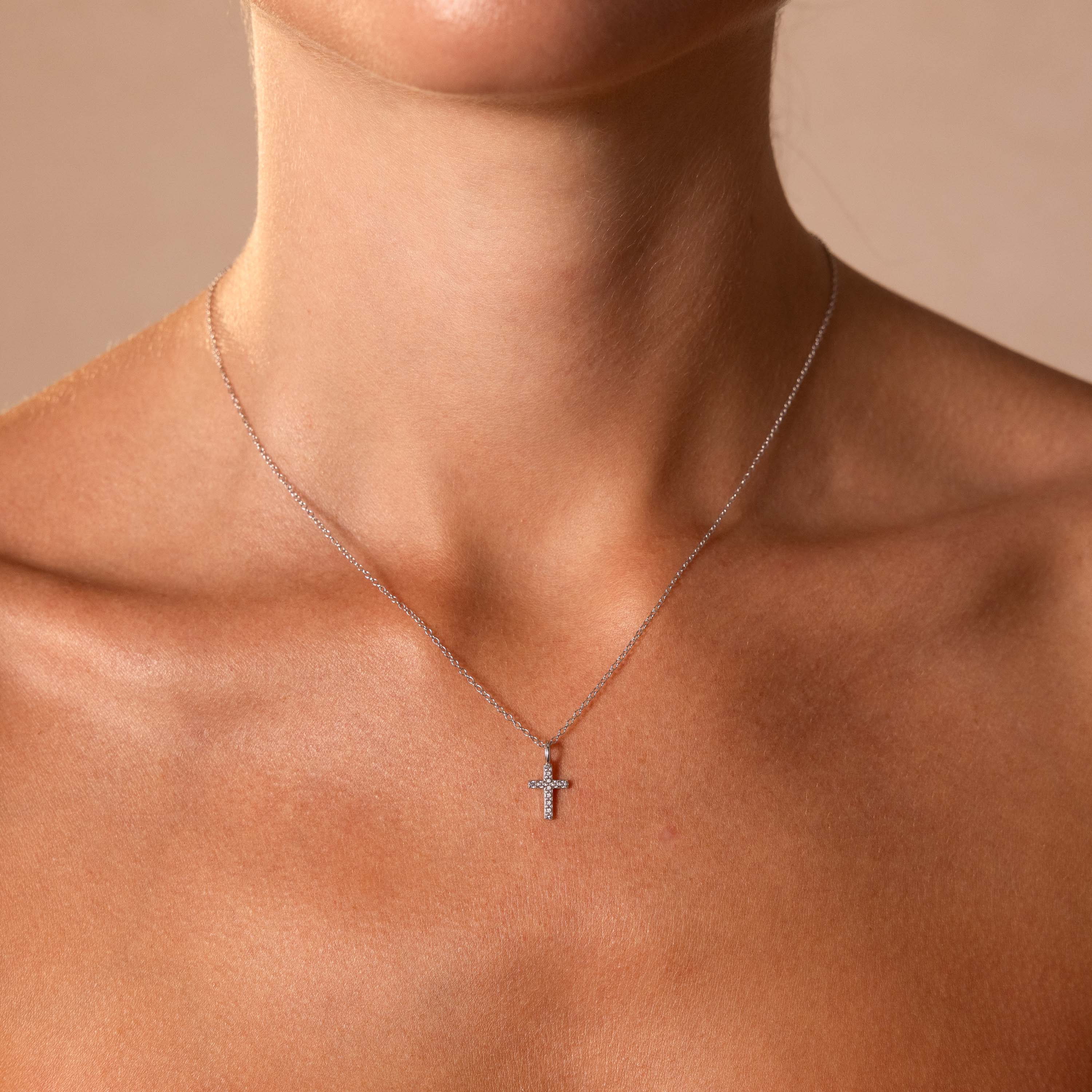 Dainty Diamond Cross Necklace in Sterling Silver