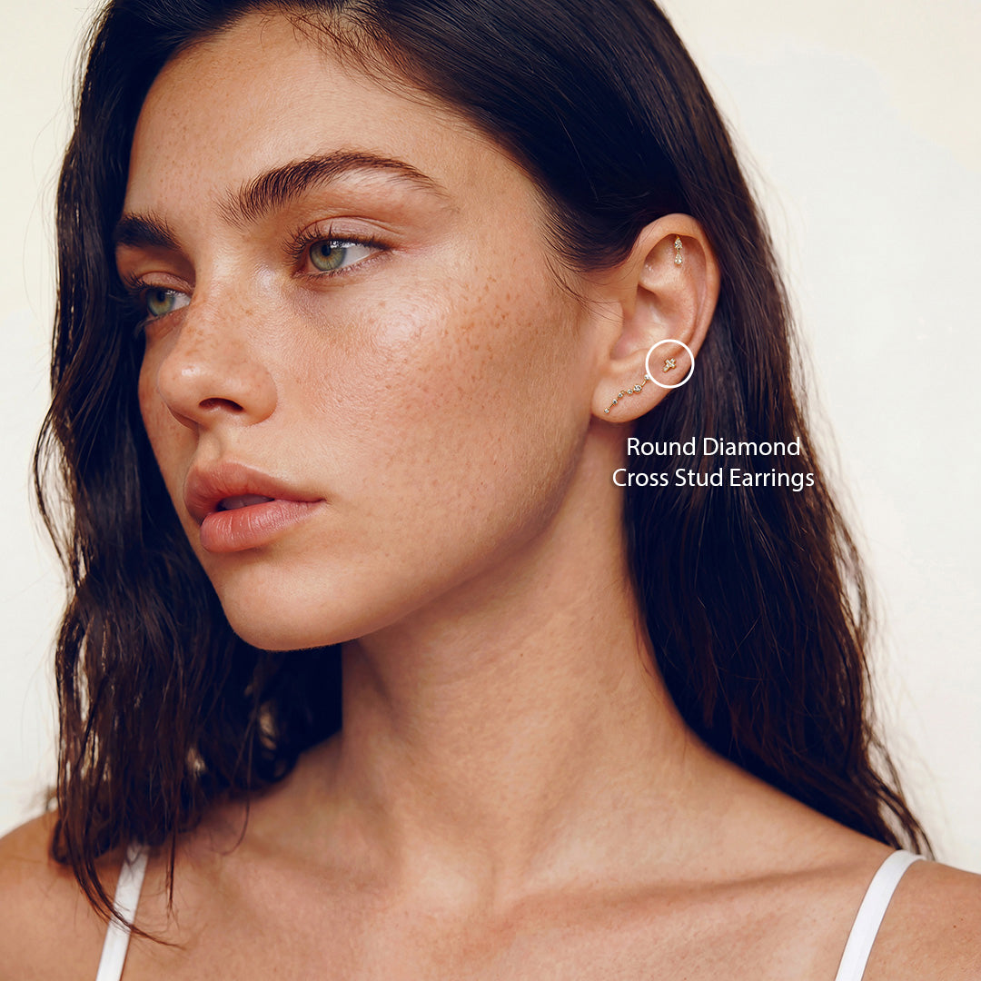 Solid Gold Round Lab-Grown Diamond Cross Stud Earrings