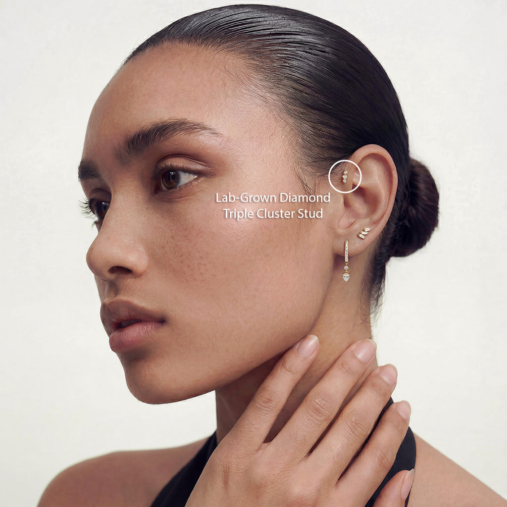 Solid Gold Lab-Grown Diamond Triple Cluster Stud Earrings