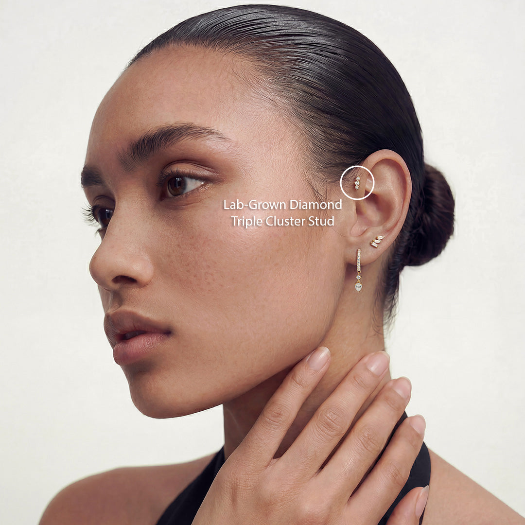 Solid Gold Lab-Grown Diamond Triple Cluster Stud Earrings