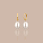 Solid Gold Pearl Drop Hoop Earrings