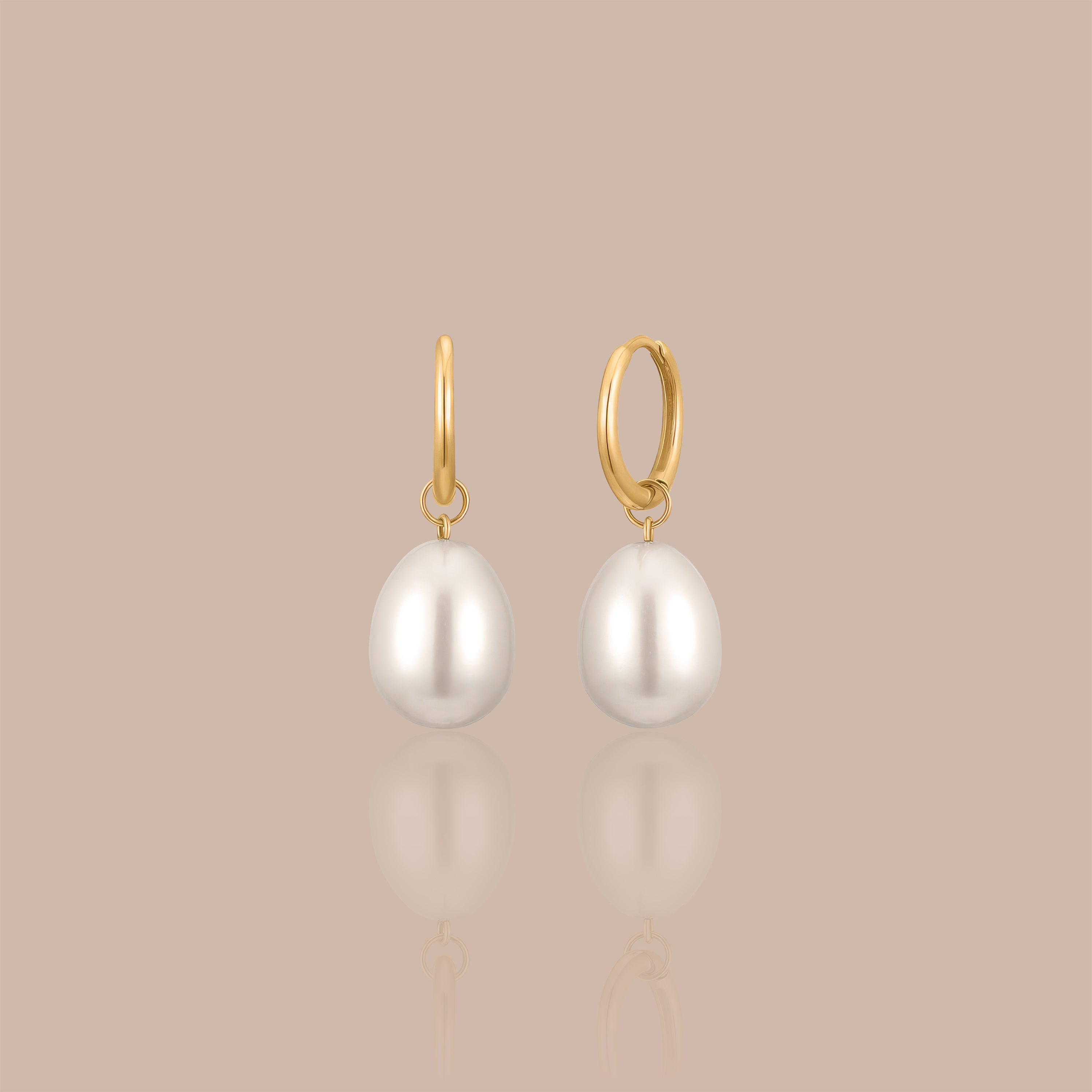 Solid Gold Pearl Drop Hoop Earrings