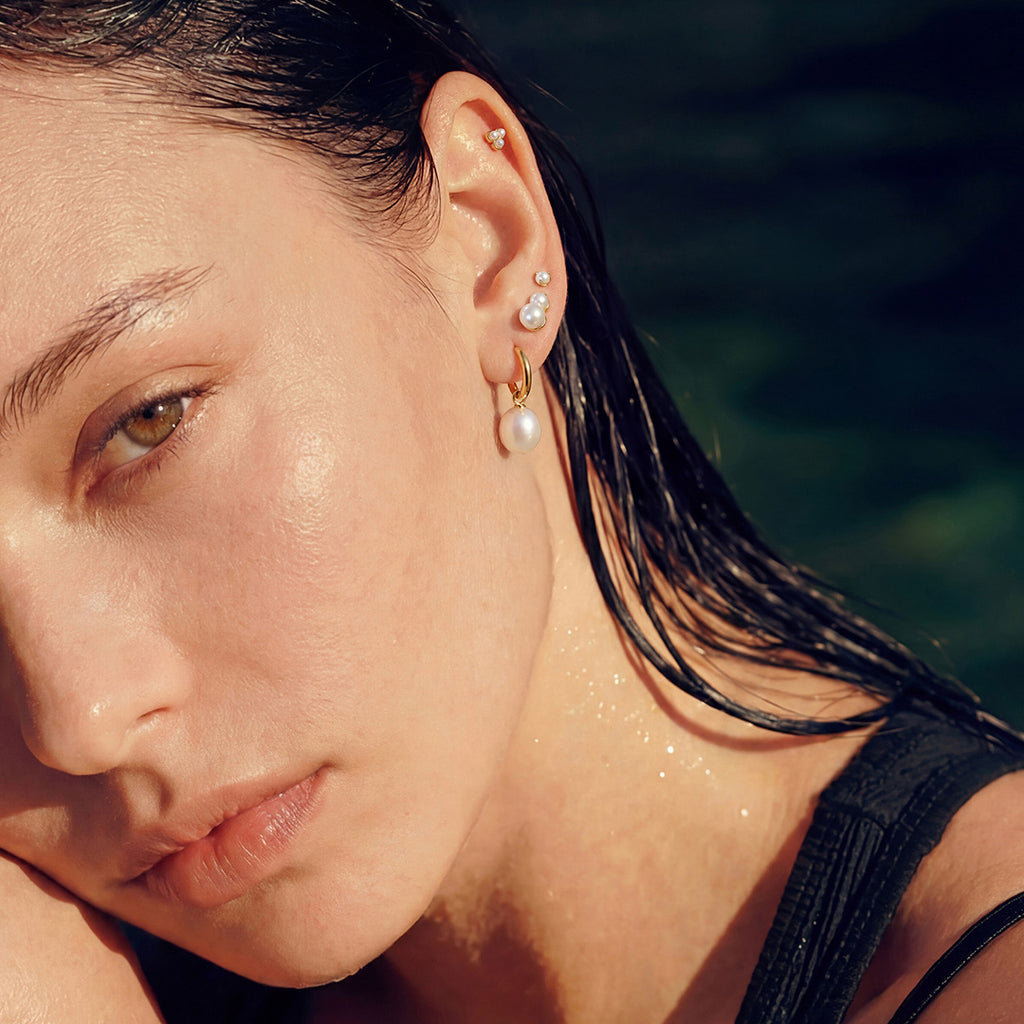 Solid Gold Pearl Drop Hoop Earrings