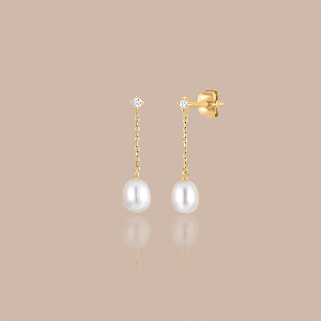 Solid Gold Pearl & White Sapphire Drop Stud Earrings