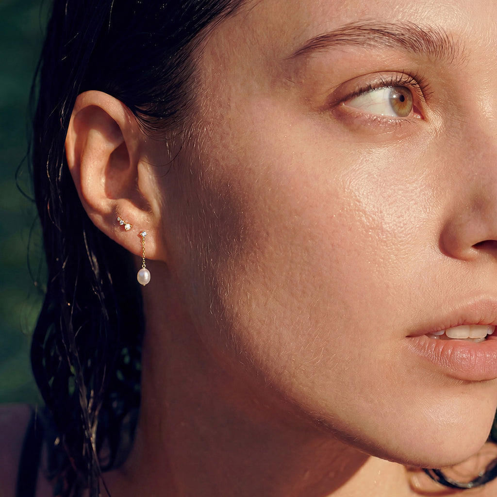 Solid Gold Pearl & White Sapphire Drop Stud Earrings