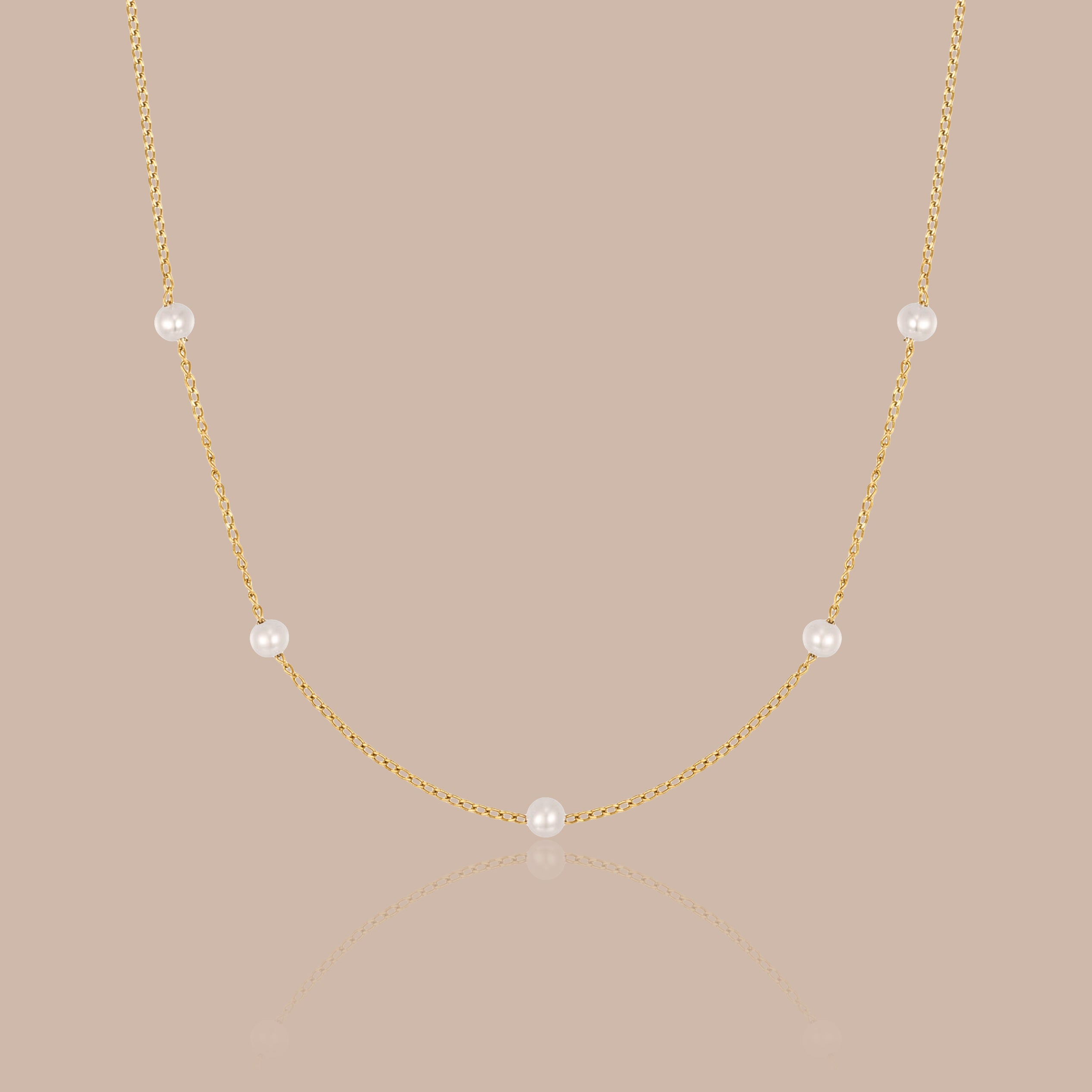 Solid Gold Pearl Station Chain Necklace