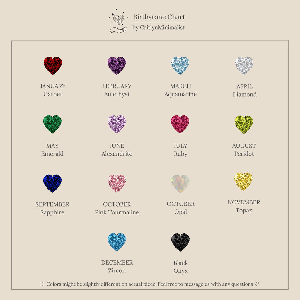 A 4x4 grid of heart-shaped birthstones by month and name, inspired by the Love Toi et Moi Ring, styled like stacking rings on a white background with a minimal design.