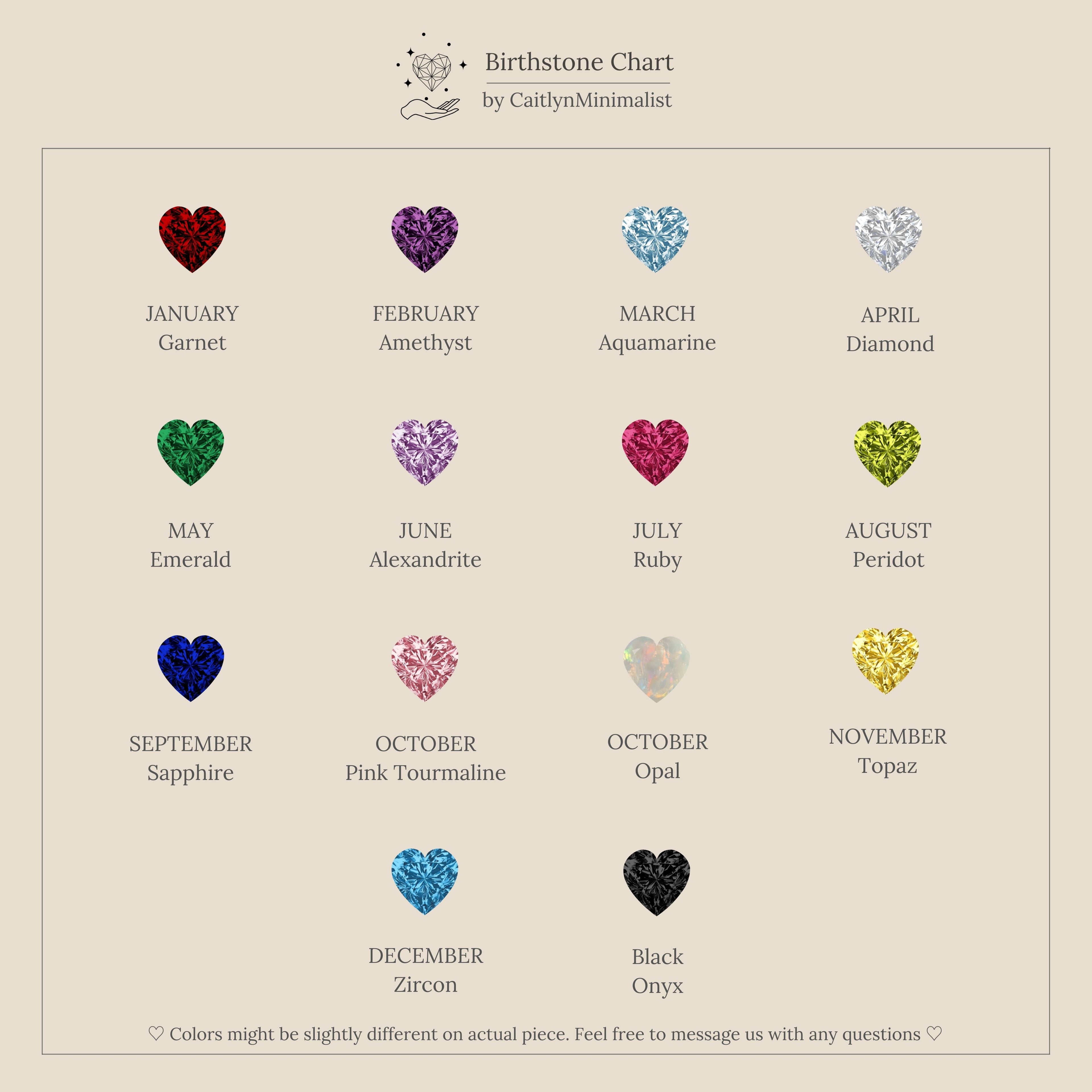 A 4x4 grid of heart-shaped birthstones by month and name, inspired by the Love Toi et Moi Ring, styled like stacking rings on a white background with a minimal design.