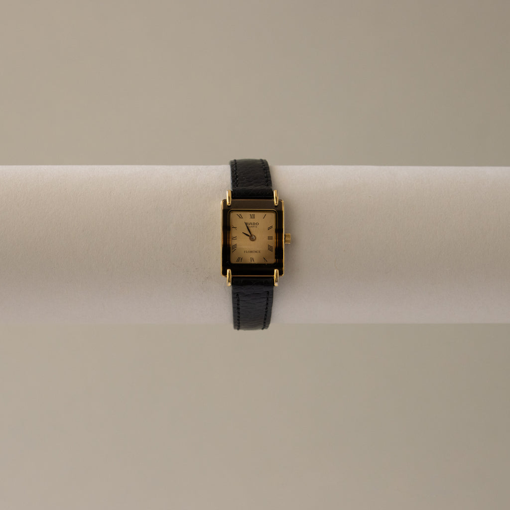 Vintage Rado Rectangular Black Strap Gold Watch