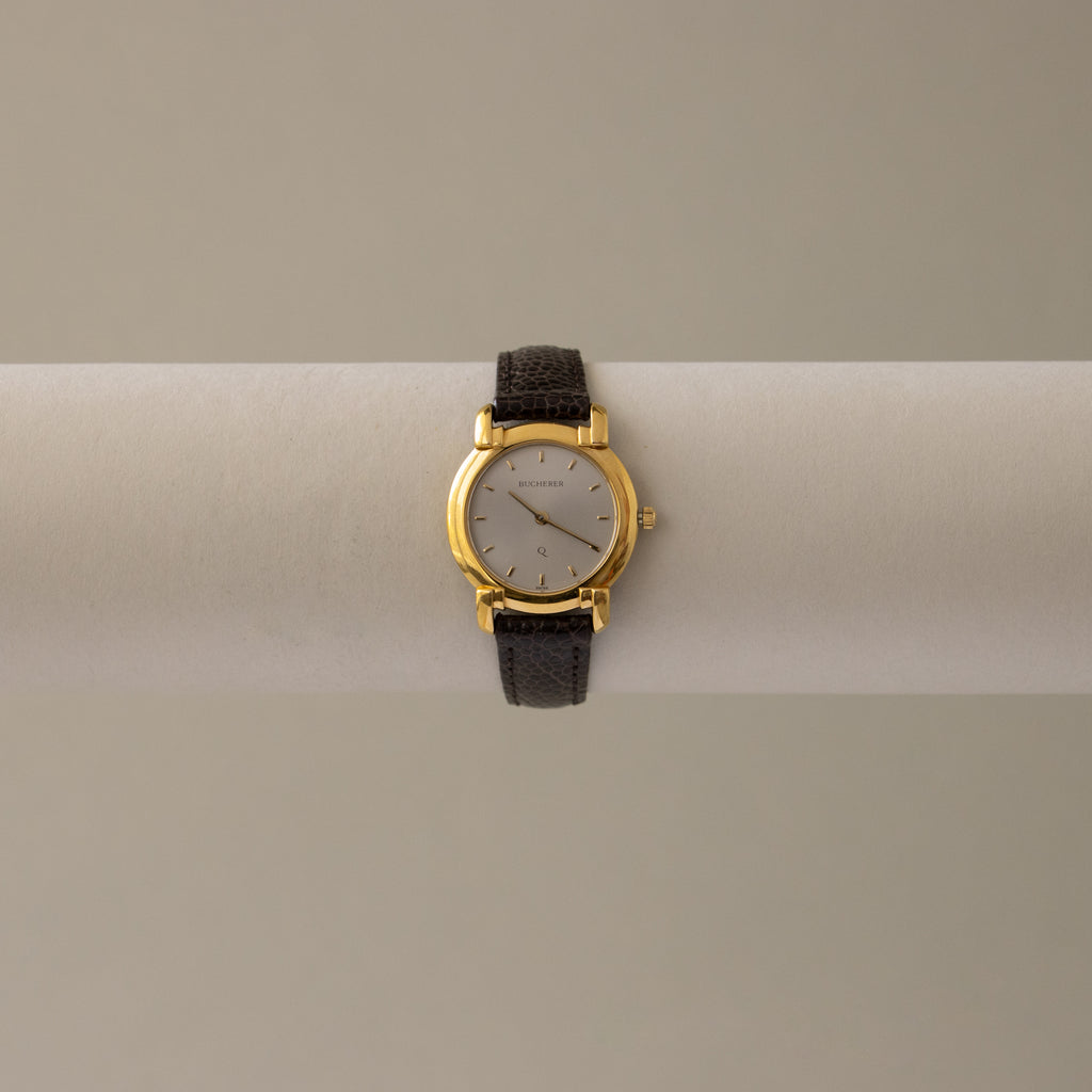 Vintage Bucherer Swiss Brown Strap Gold Watch