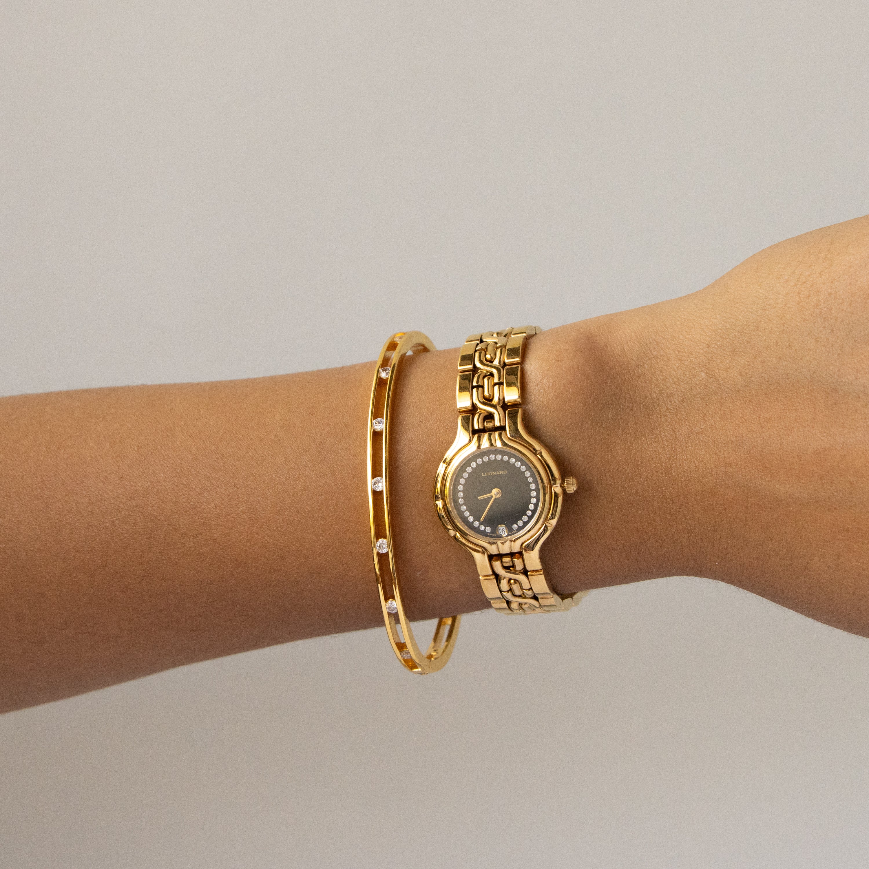 Vintage Leonard Swiss Midnight Pave Gold Watch