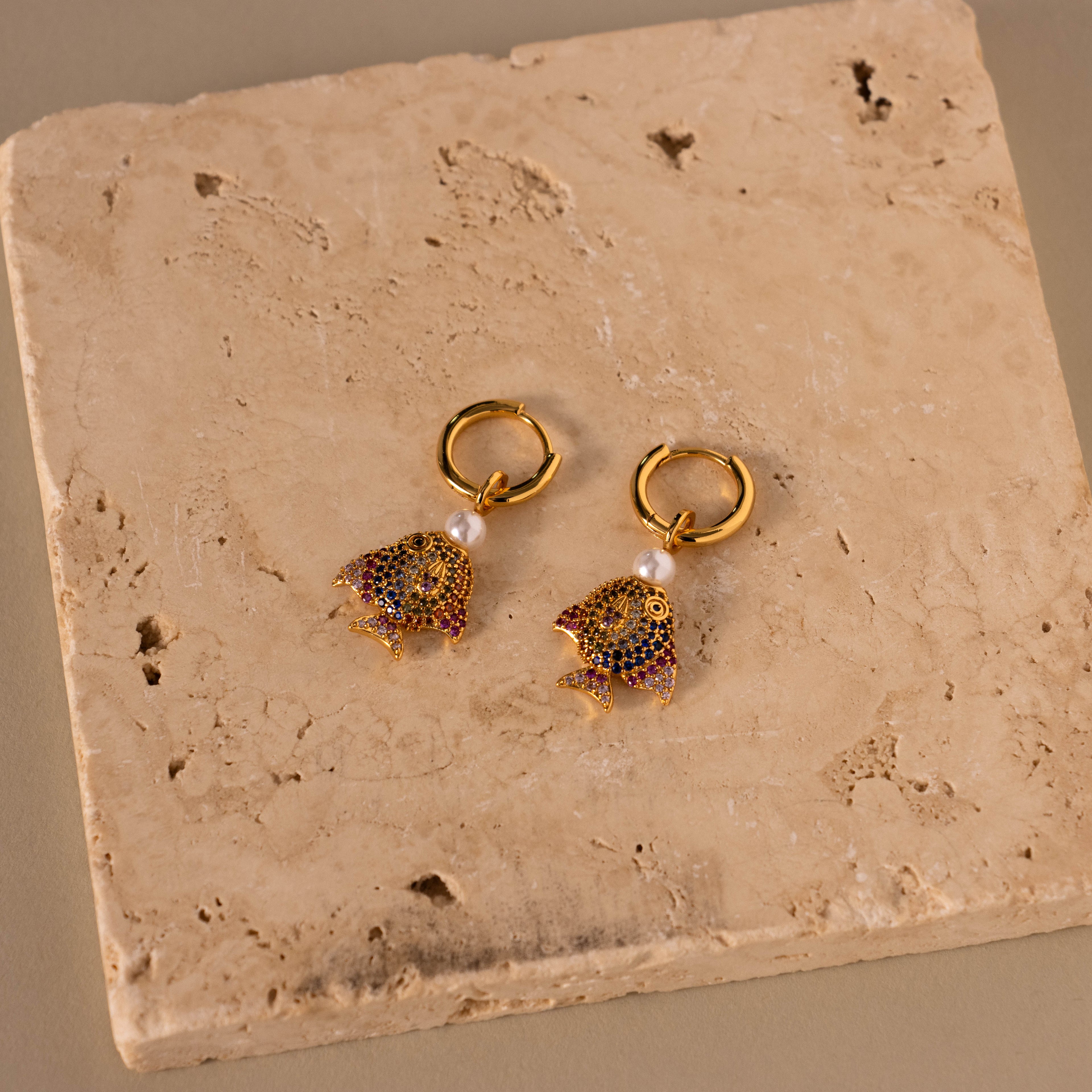 Rainbow Birthstone Fish & Pearl Huggies