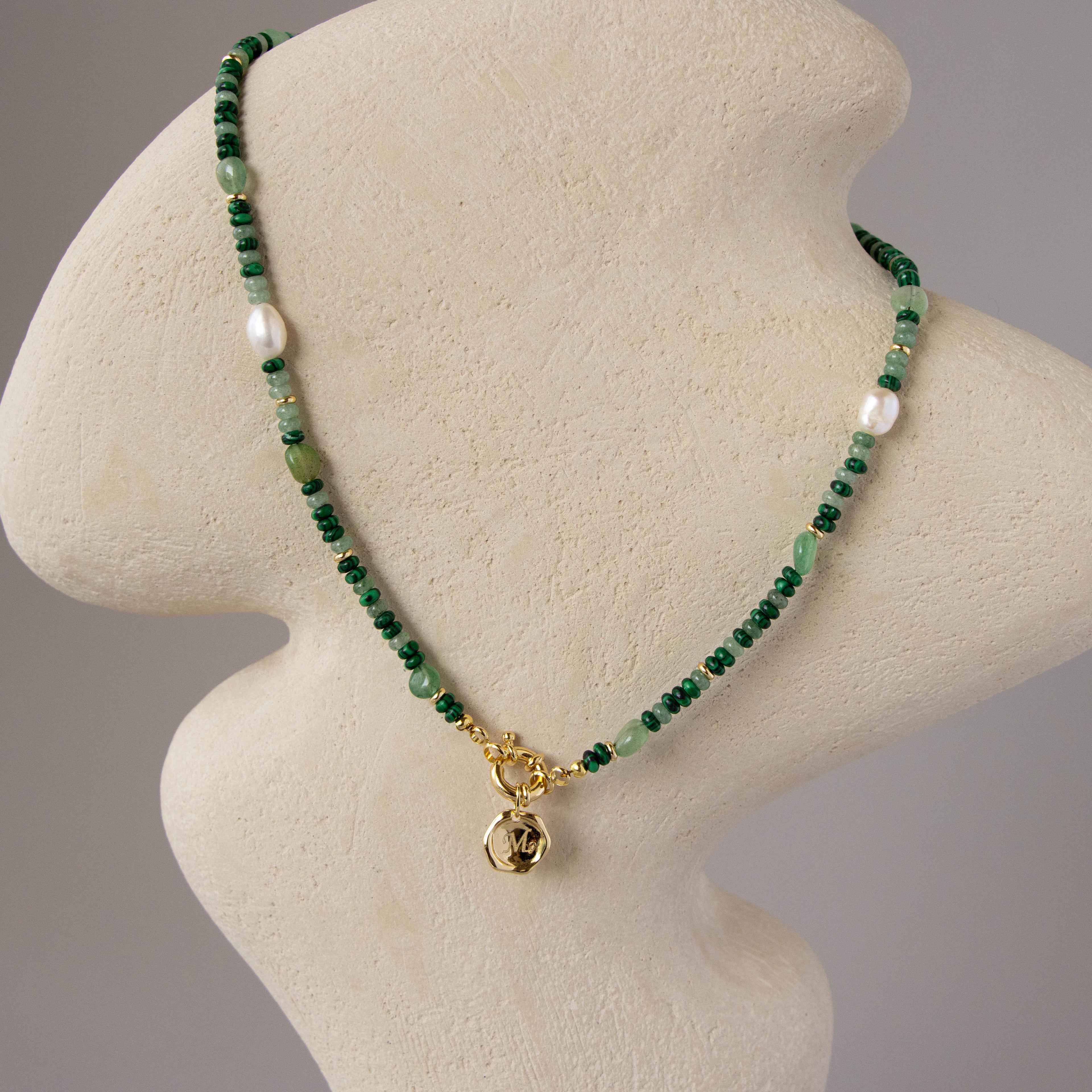 Beaded Jade & Pearl Clasp Necklace with M Letter Charm