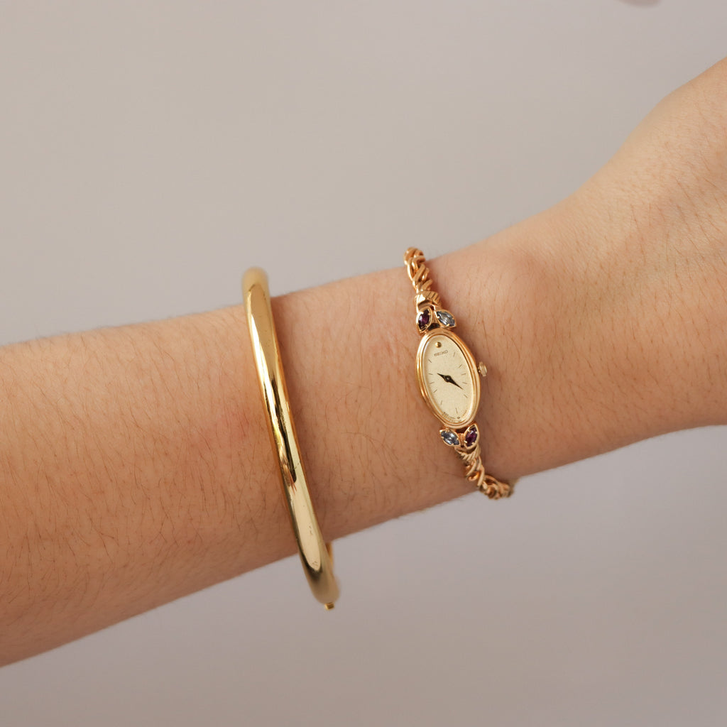Vintage Seiko Oval Gemstones Gold Watch