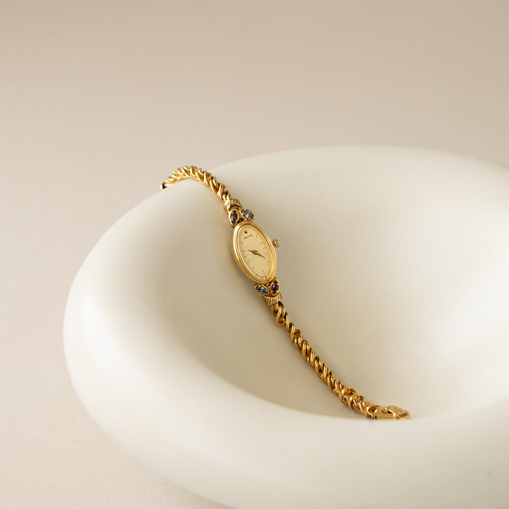 Vintage Seiko Oval Gemstones Gold Watch